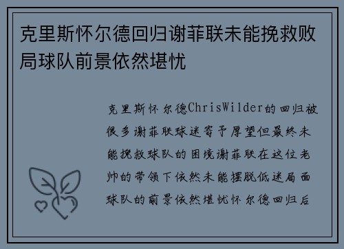 克里斯怀尔德回归谢菲联未能挽救败局球队前景依然堪忧
