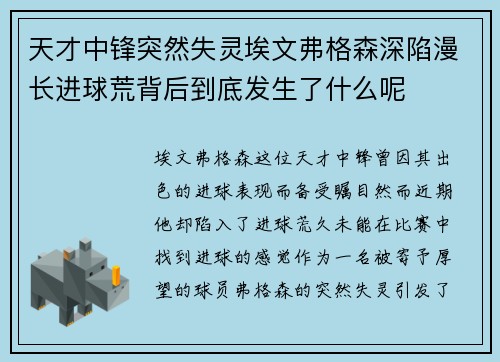 天才中锋突然失灵埃文弗格森深陷漫长进球荒背后到底发生了什么呢